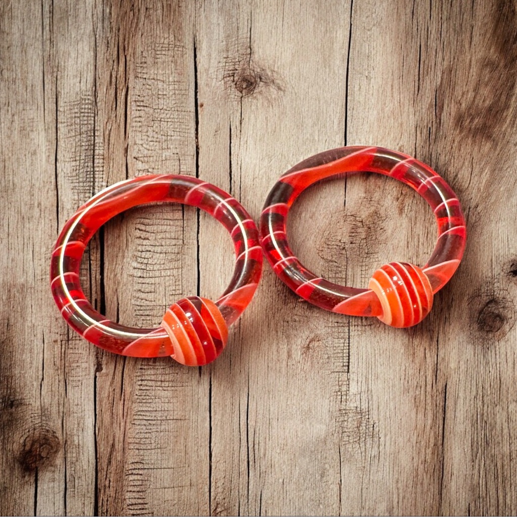Pr 12g 12 Red Striped Acrylic Captive Bead Rings  Body Piercing Jewelry